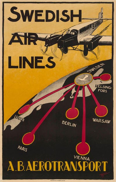 Swedish Air Lines / A.B. Aerotransport original poster designed by T. A.