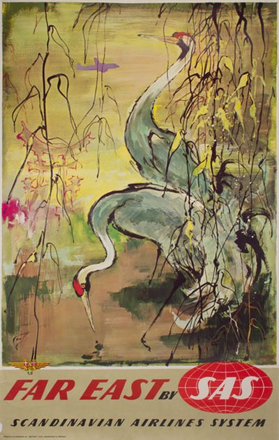 Far East by SAS -  Red-crowned Cranes original poster designed by Nielsen, Otto (1916-2000)