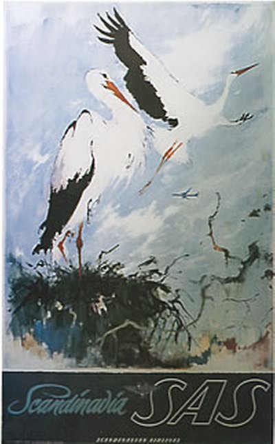 SAS - Scandinavia - White stork original poster designed by Nielsen, Otto (1916-2000)