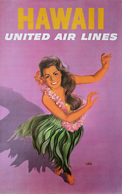Hawaii Wahine Hula Girl - United Air Lines original poster designed by Stan Galli