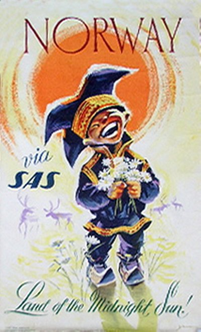 Norway via SAS - Land of the Midnight Sun original poster designed by Yran, Knut (1920-1998)