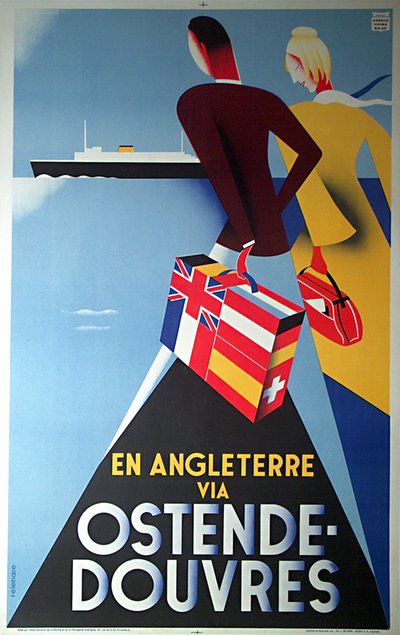 En Angleterre via Ostende - Douvres original poster designed by T E Lemarie