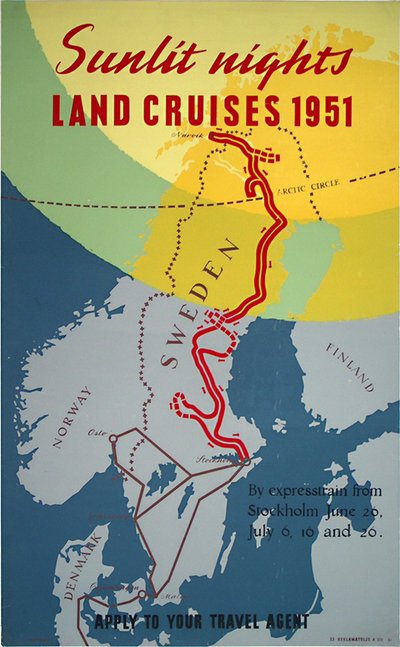 Sunlit Nights Land Cruises 1951 original poster designed by Mattsson