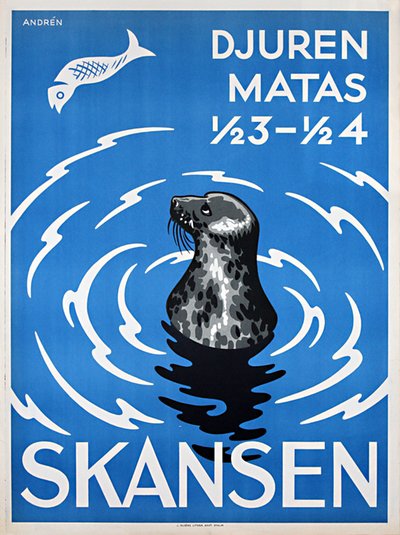 Skansen Zoo Sweden - Feed the Seals original poster designed by Andrén, Erik (1904 - 1984)