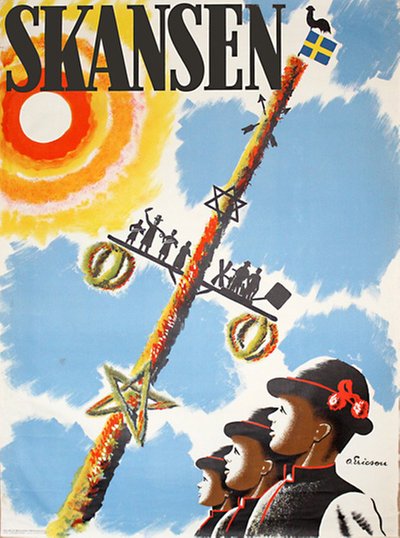 Skansen Stockholm Sweden - Midsommar original poster designed by Olle Ericson (1918-1951)